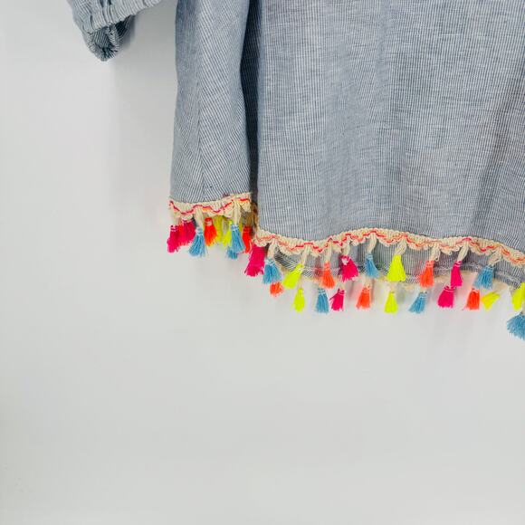 PONG 100% Cotton Embroidered Tassel Tunic Swim Cover Up Blue Stripe Floral M - Picture 6 of 9